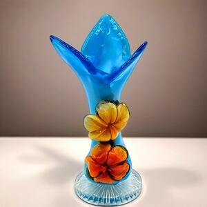 Murano Style Art Glass Vase Blue Floral Fluted Top Hand Blown Vintage Decor